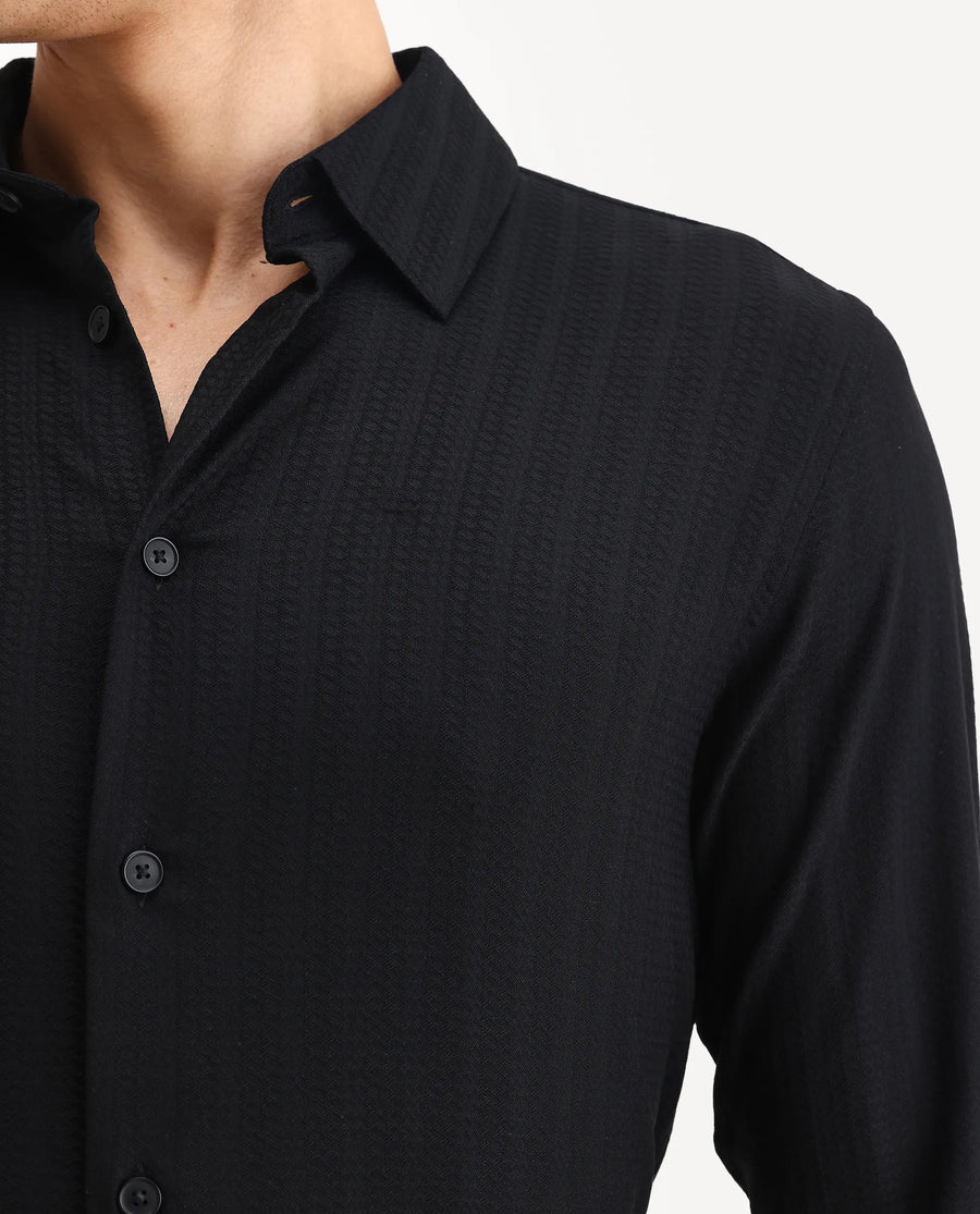 Rare Rabbit Men's Hon Black Cotton Dobby Print Regular Fit Full Sleeve Collared Shirt