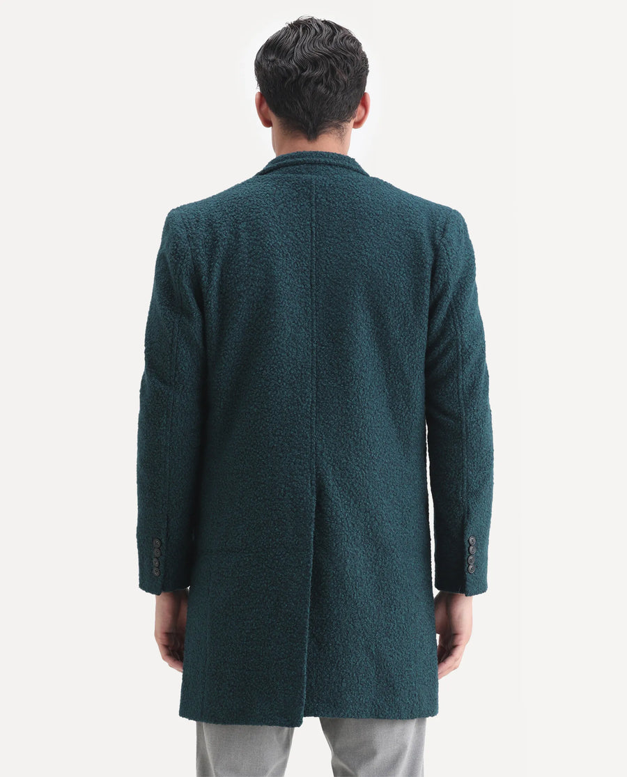 Rare Rabbit Men's Hong Green Polyester Textured Tailored Fit Full Sleeve Lapel Neck Coat