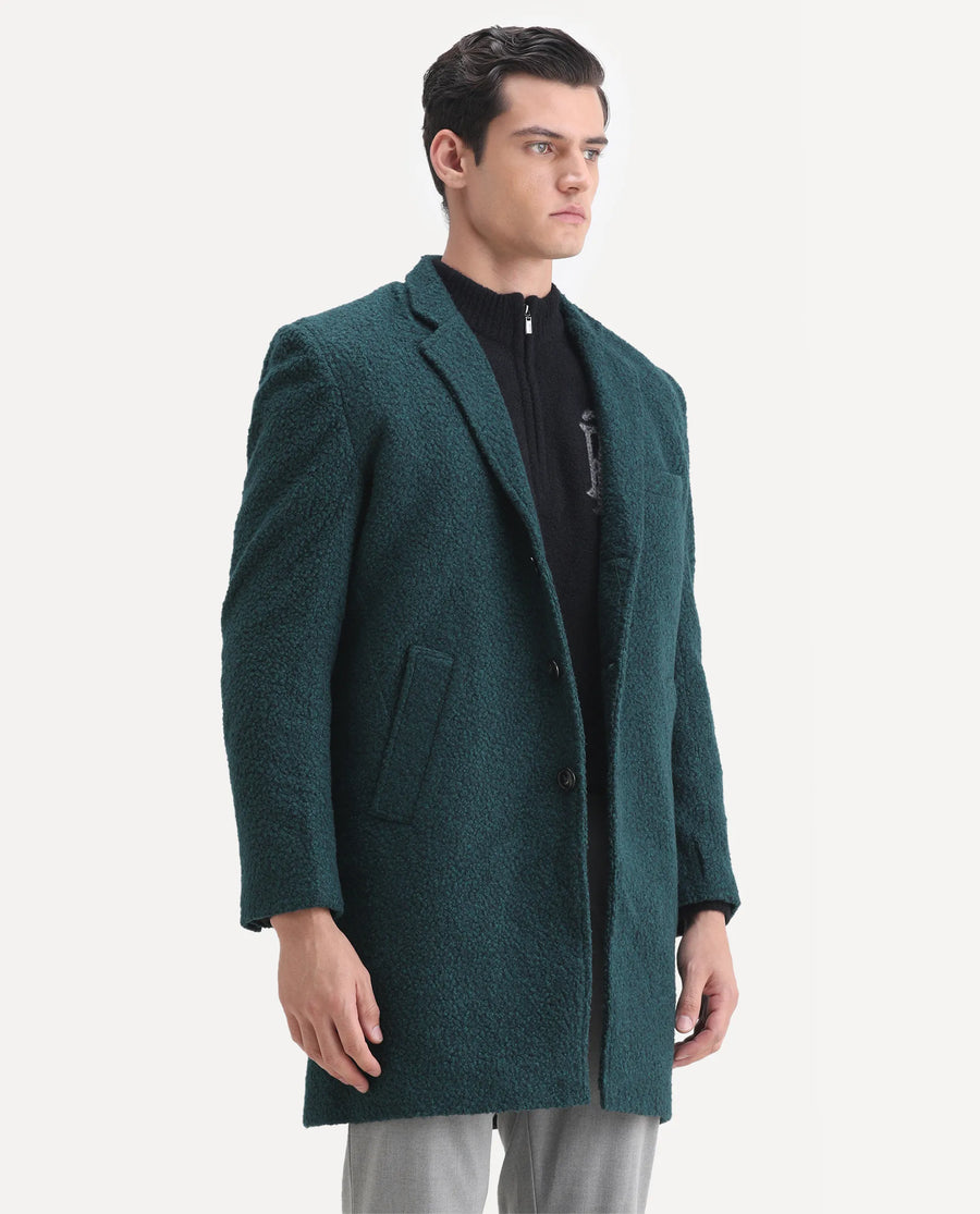 Rare Rabbit Men's Hong Green Polyester Textured Tailored Fit Full Sleeve Lapel Neck Coat