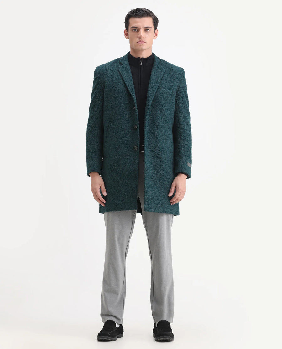 Rare Rabbit Men's Hong Green Polyester Textured Tailored Fit Full Sleeve Lapel Neck Coat