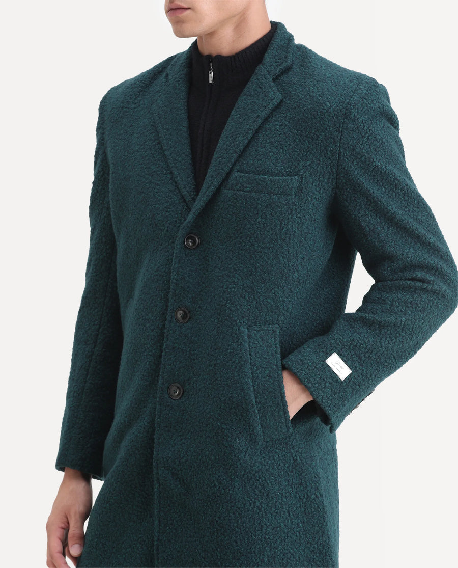 Rare Rabbit Men's Hong Green Polyester Textured Tailored Fit Full Sleeve Lapel Neck Coat