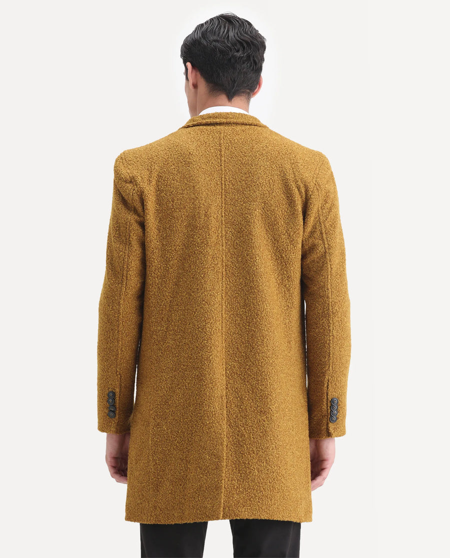 Rare Rabbit Men's Hong Yellow Polyester Textured Tailored Fit Full Sleeve Lapel Neck Coat