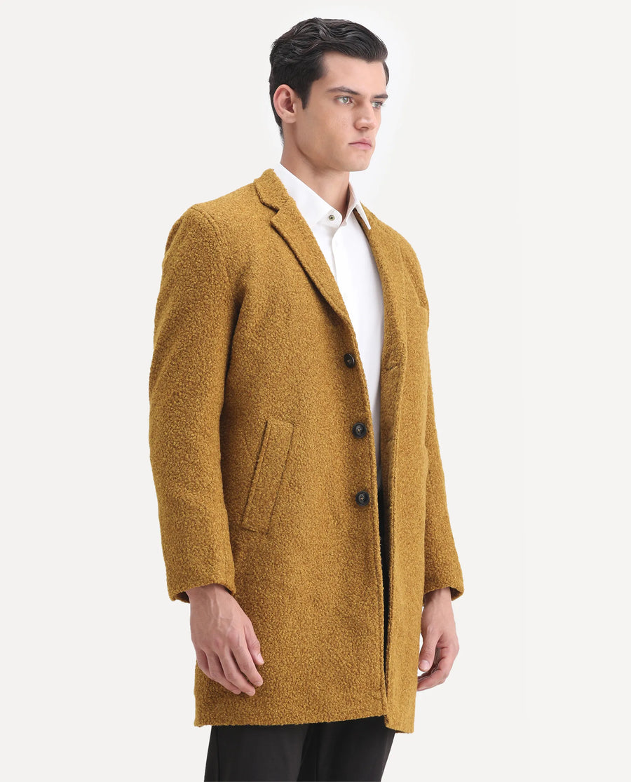 Rare Rabbit Men's Hong Yellow Polyester Textured Tailored Fit Full Sleeve Lapel Neck Coat