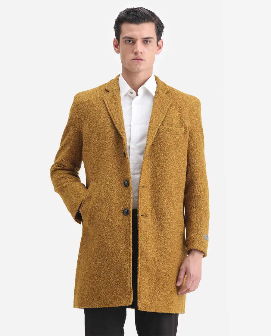Rare Rabbit Men's Hong Yellow Polyester Textured Tailored Fit Full Sleeve Lapel Neck Coat