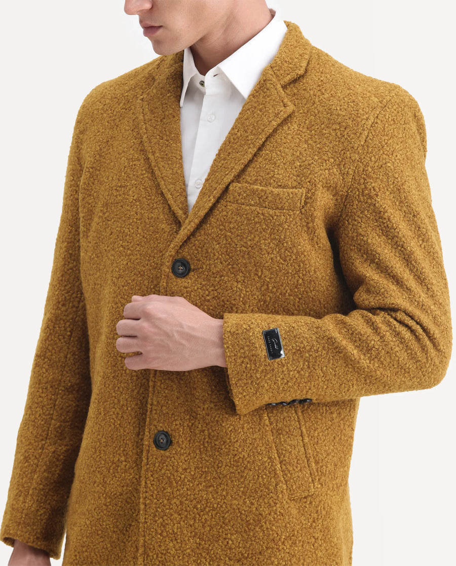 Rare Rabbit Men's Hong Yellow Polyester Textured Tailored Fit Full Sleeve Lapel Neck Coat