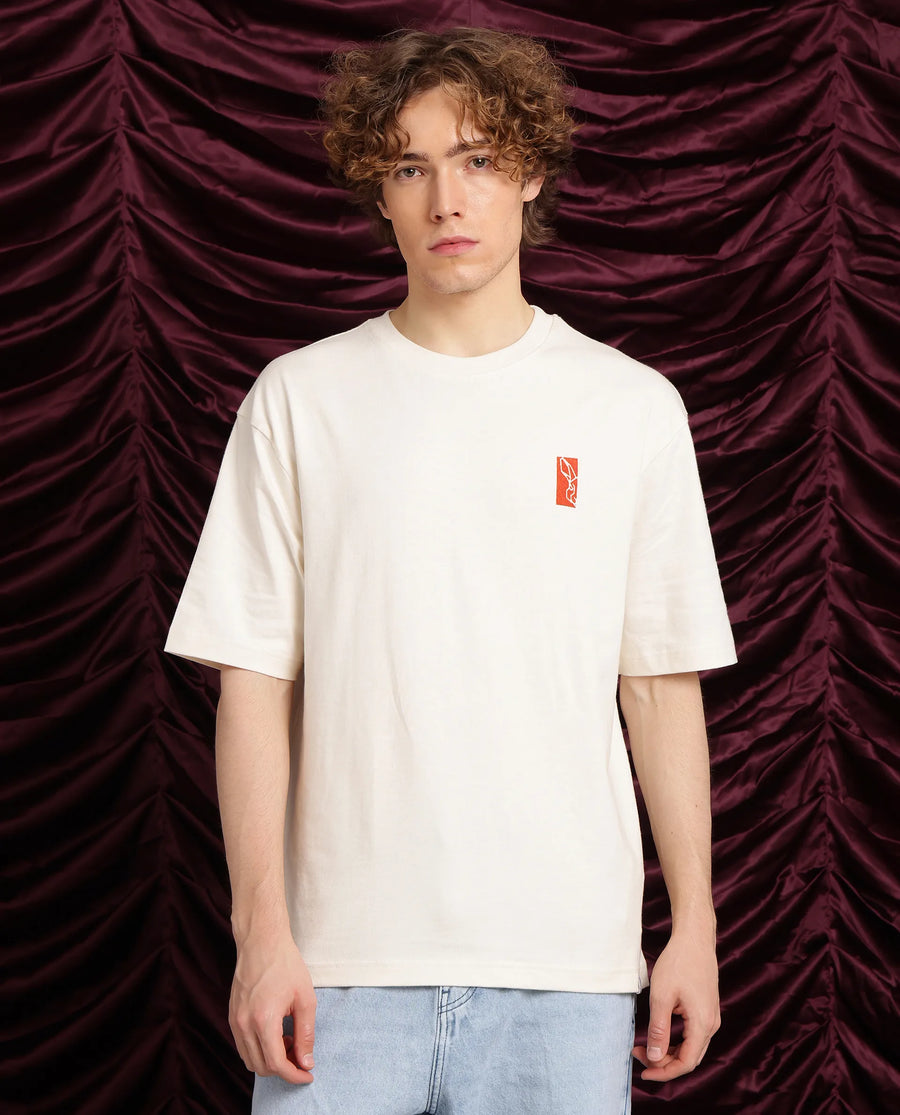 Rare Rabbit Men's Hord Off White Cotton Graphic Print Oversized Fit Half Sleeve Crew Neck T-Shirt