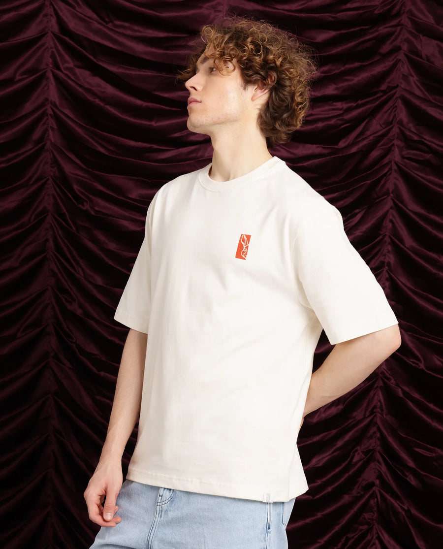 Rare Rabbit Men's Hord Off White Cotton Graphic Print Oversized Fit Half Sleeve Crew Neck T-Shirt