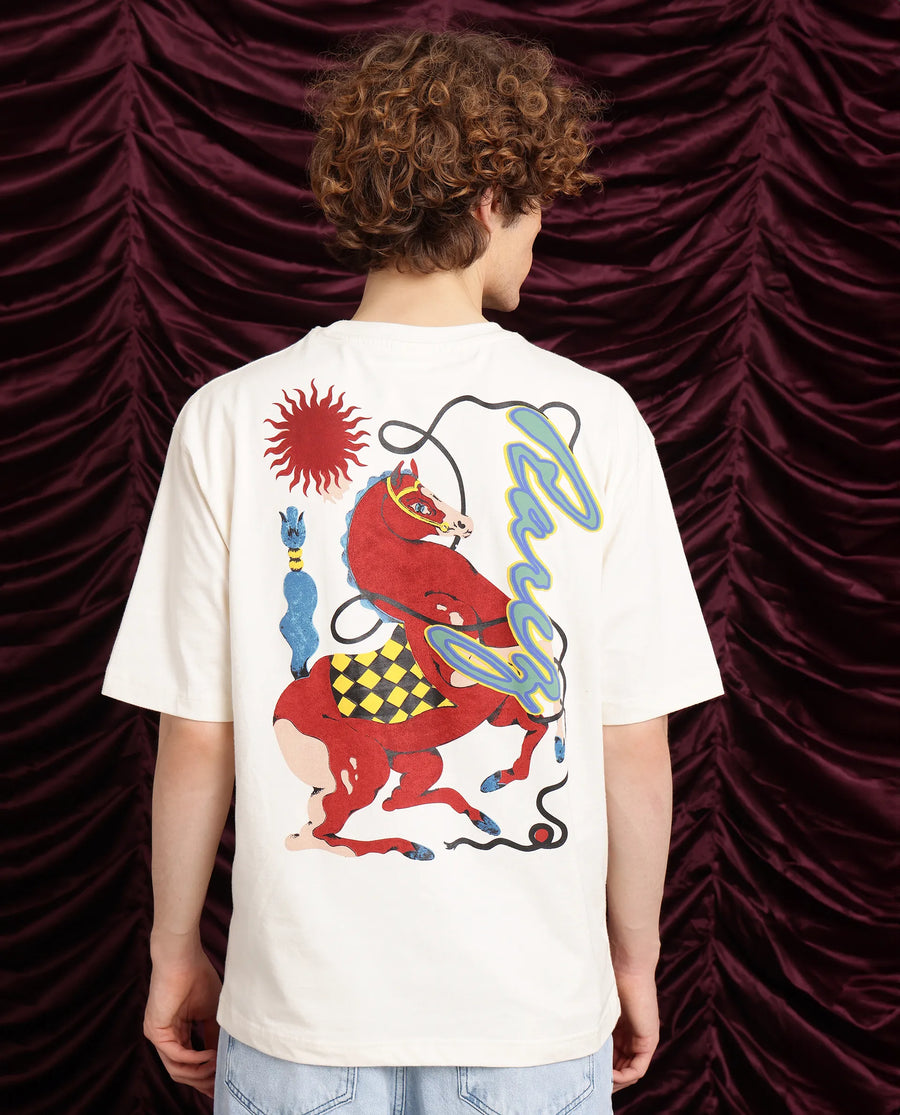 Rare Rabbit Men's Hord Off White Cotton Graphic Print Oversized Fit Half Sleeve Crew Neck T-Shirt