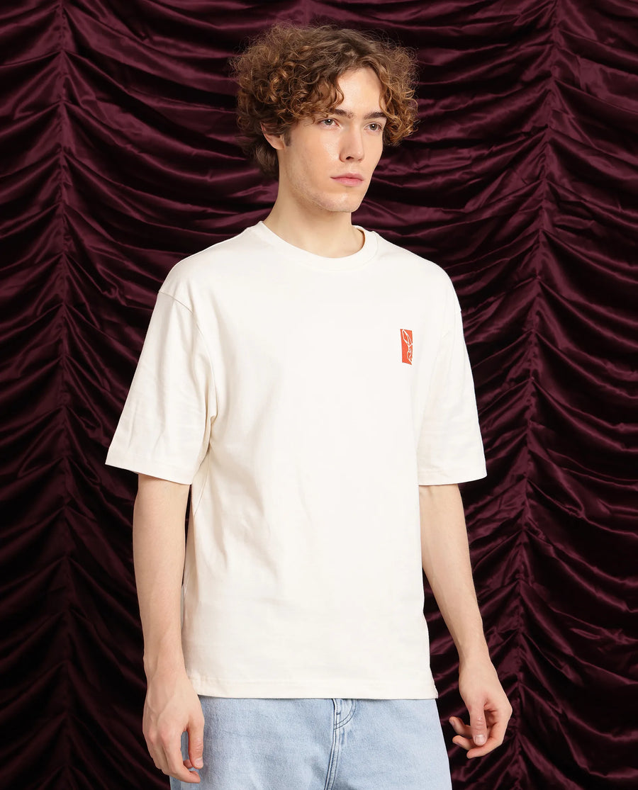 Rare Rabbit Men's Hord Off White Cotton Graphic Print Oversized Fit Half Sleeve Crew Neck T-Shirt