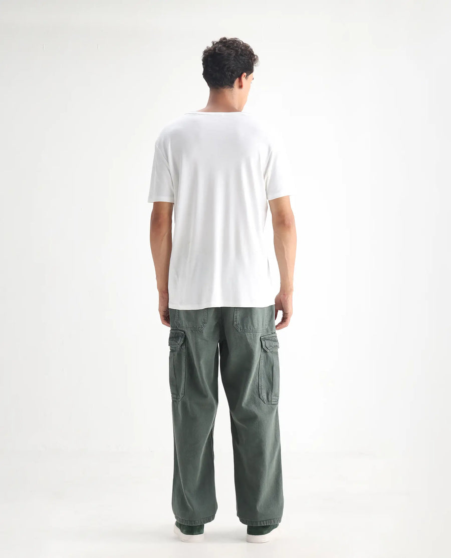 Rare Rabbit Men's Hork Green Cotton Plain Baggy Fit Jeans