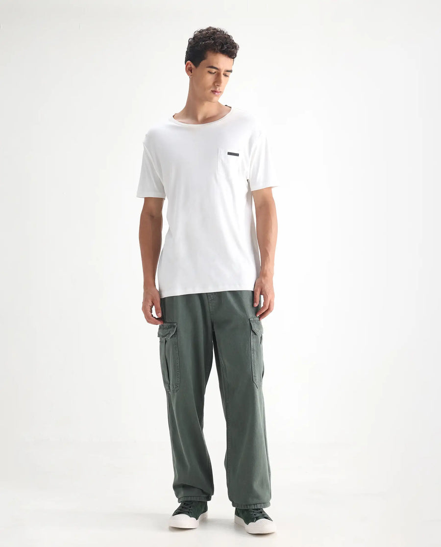 Rare Rabbit Men's Hork Green Cotton Plain Baggy Fit Jeans