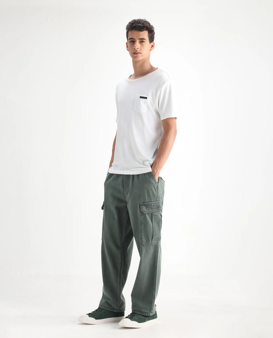 Rare Rabbit Men's Hork Green Cotton Plain Baggy Fit Jeans