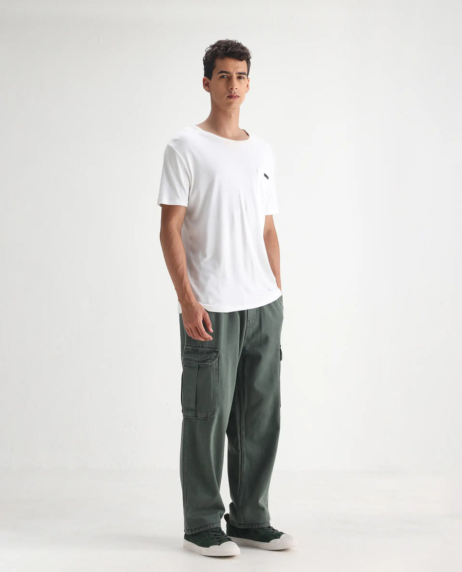Rare Rabbit Men's Hork Green Cotton Plain Baggy Fit Jeans