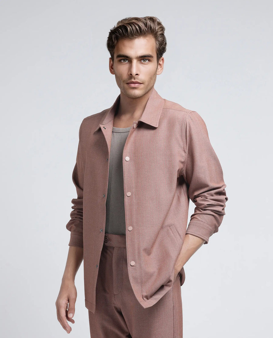 Rare Rabbit Men's Horns Rust Polyester Blend Striped Print Relaxed Fit Full Sleeve Collared Shacket