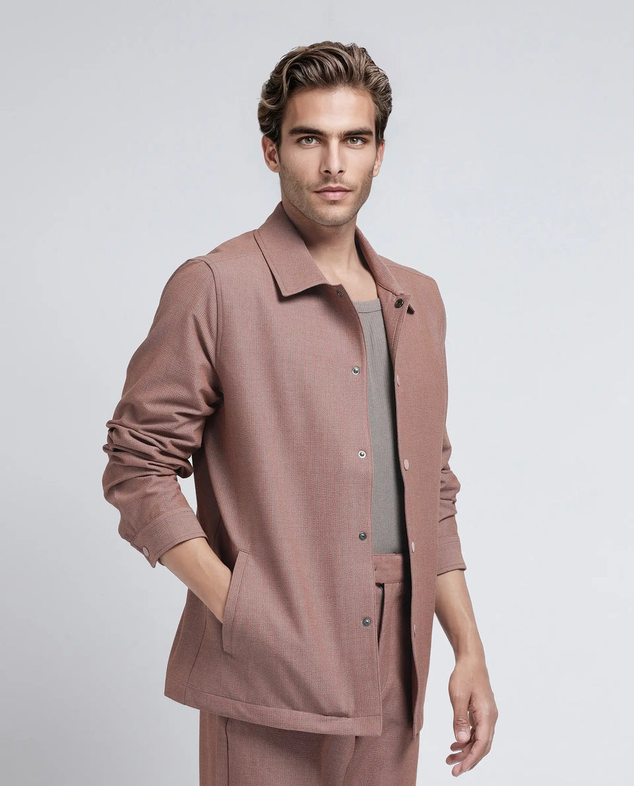 Rare Rabbit Men's Horns Rust Polyester Blend Striped Print Relaxed Fit Full Sleeve Collared Shacket