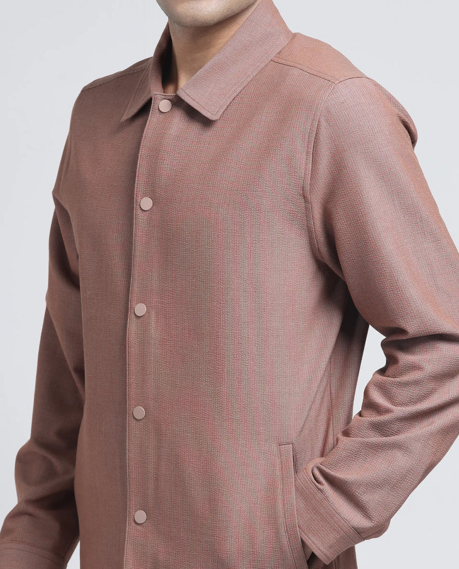 Rare Rabbit Men's Horns Rust Polyester Blend Striped Print Relaxed Fit Full Sleeve Collared Shacket
