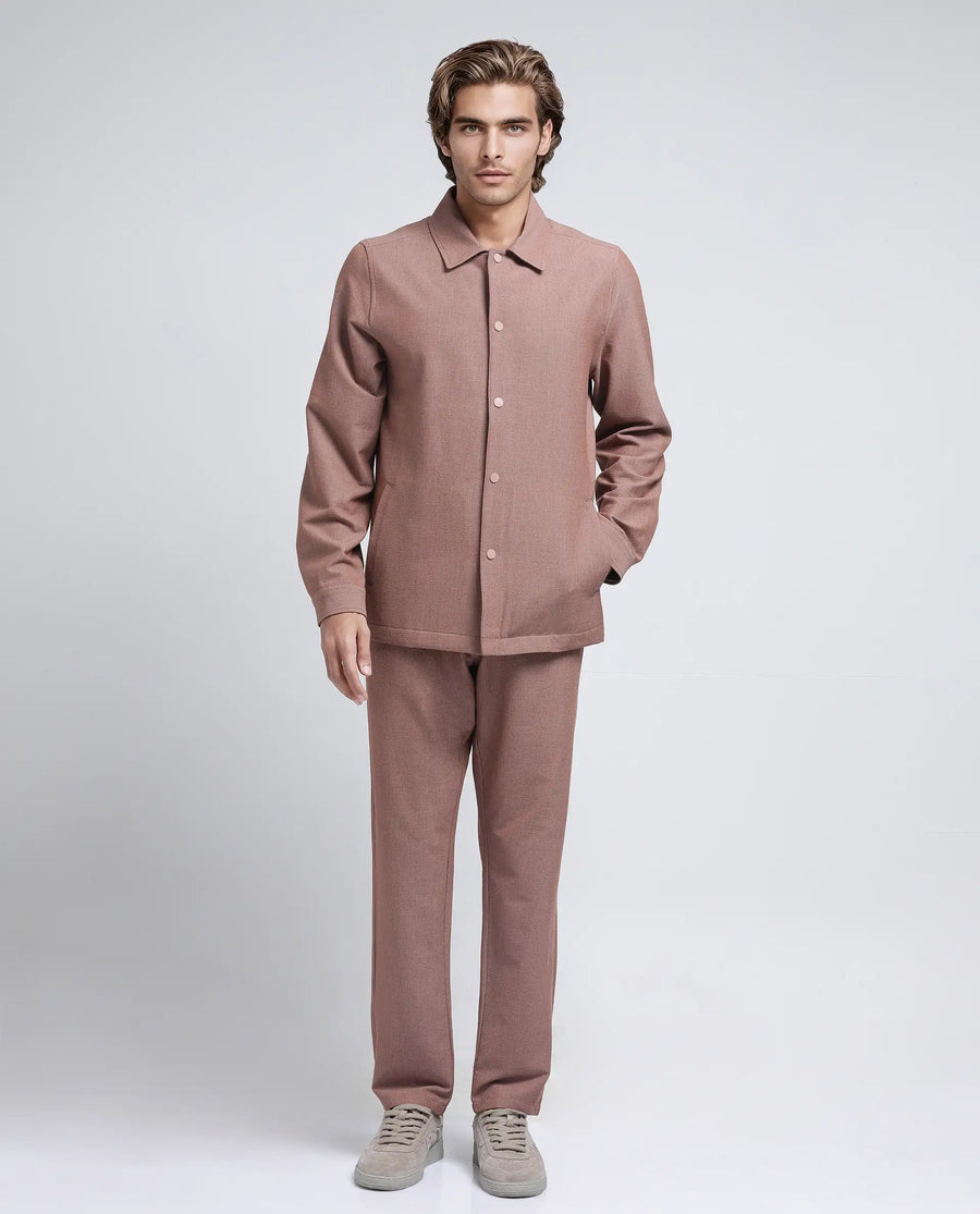 Rare Rabbit Men's Horns Rust Polyester Blend Striped Print Relaxed Fit Full Sleeve Collared Shacket