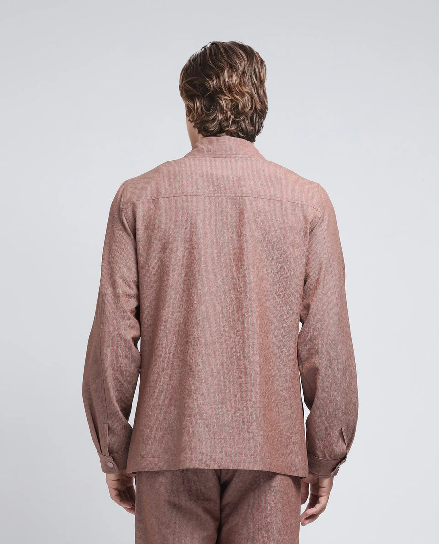Rare Rabbit Men's Horns Rust Polyester Blend Striped Print Relaxed Fit Full Sleeve Collared Shacket