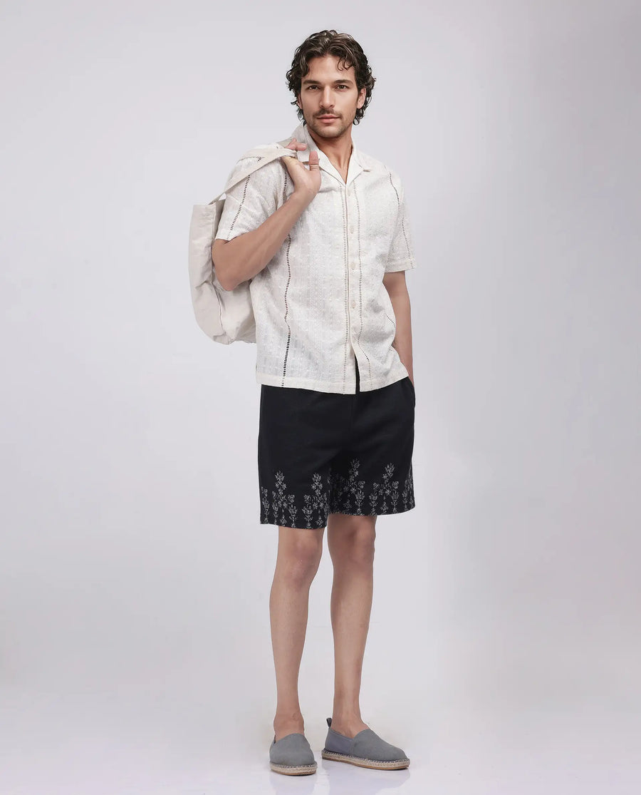 Rare Rabbit Men's Horob Black Cotton Blend Jacquard Regular Fit Shorts