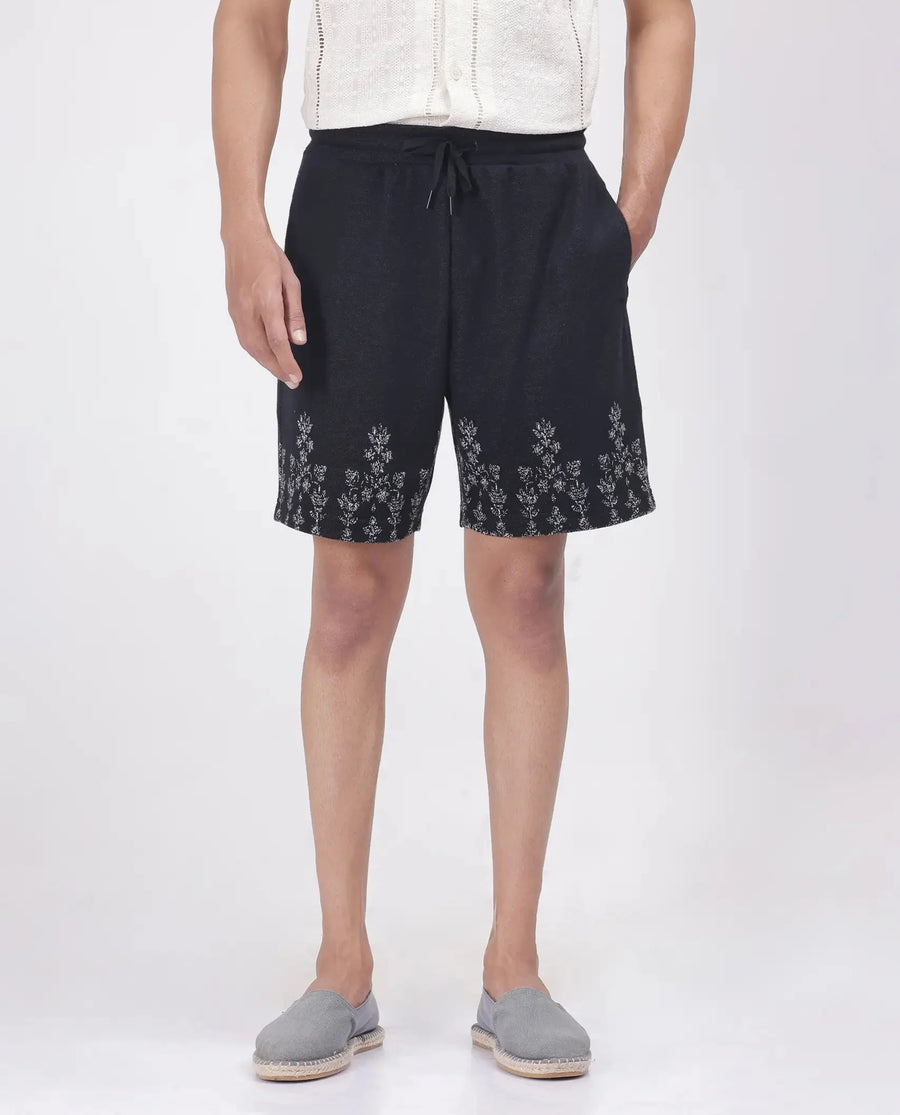 Rare Rabbit Men's Horob Black Cotton Blend Jacquard Regular Fit Shorts
