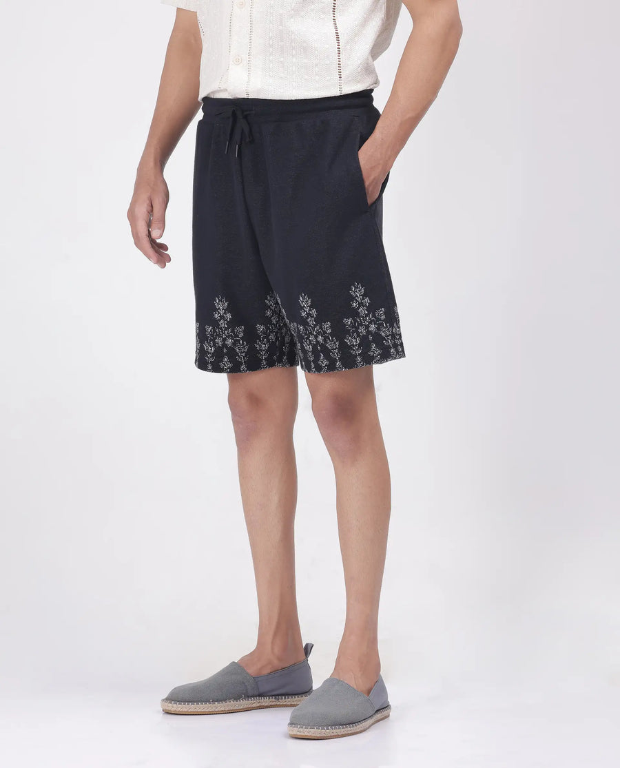 Rare Rabbit Men's Horob Black Cotton Blend Jacquard Regular Fit Shorts