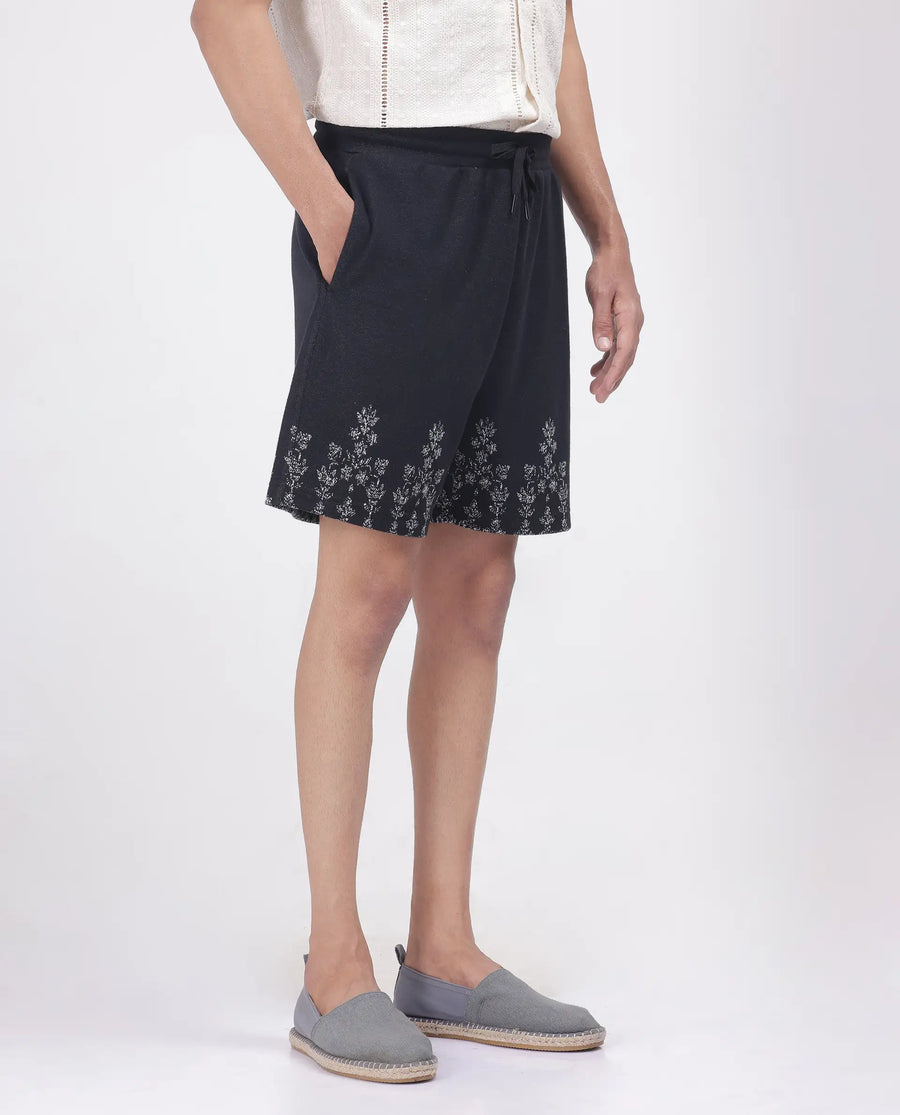 Rare Rabbit Men's Horob Black Cotton Blend Jacquard Regular Fit Shorts