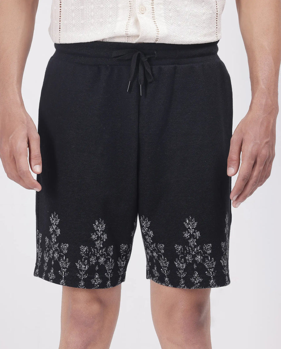 Rare Rabbit Men's Horob Black Cotton Blend Jacquard Regular Fit Shorts