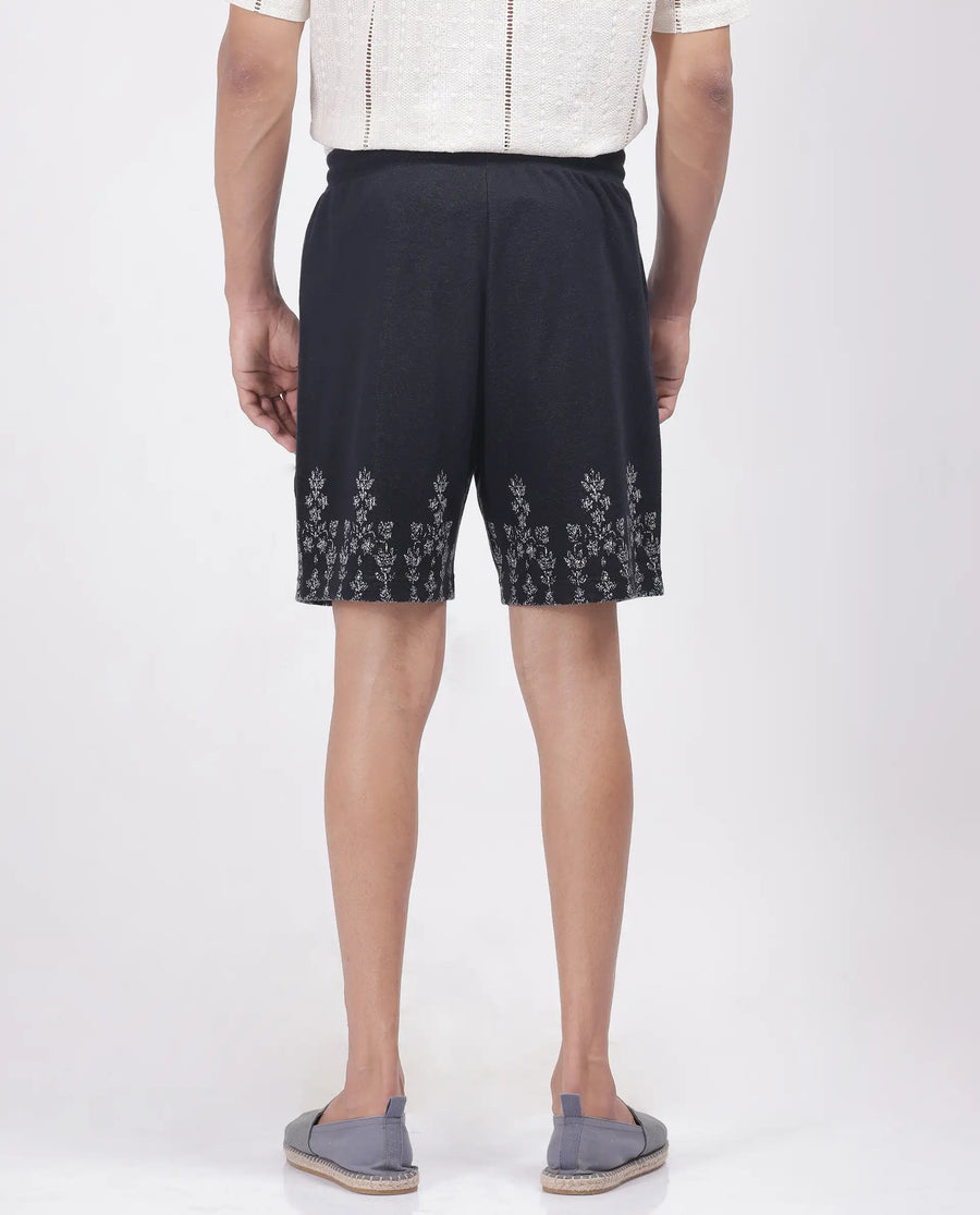 Rare Rabbit Men's Horob Black Cotton Blend Jacquard Regular Fit Shorts