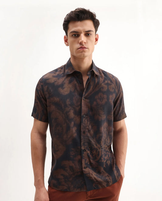 Rare Rabbit Men's Horos Black Linen Blend Floral Print Regular Fit Half Sleeve Collared Shirt