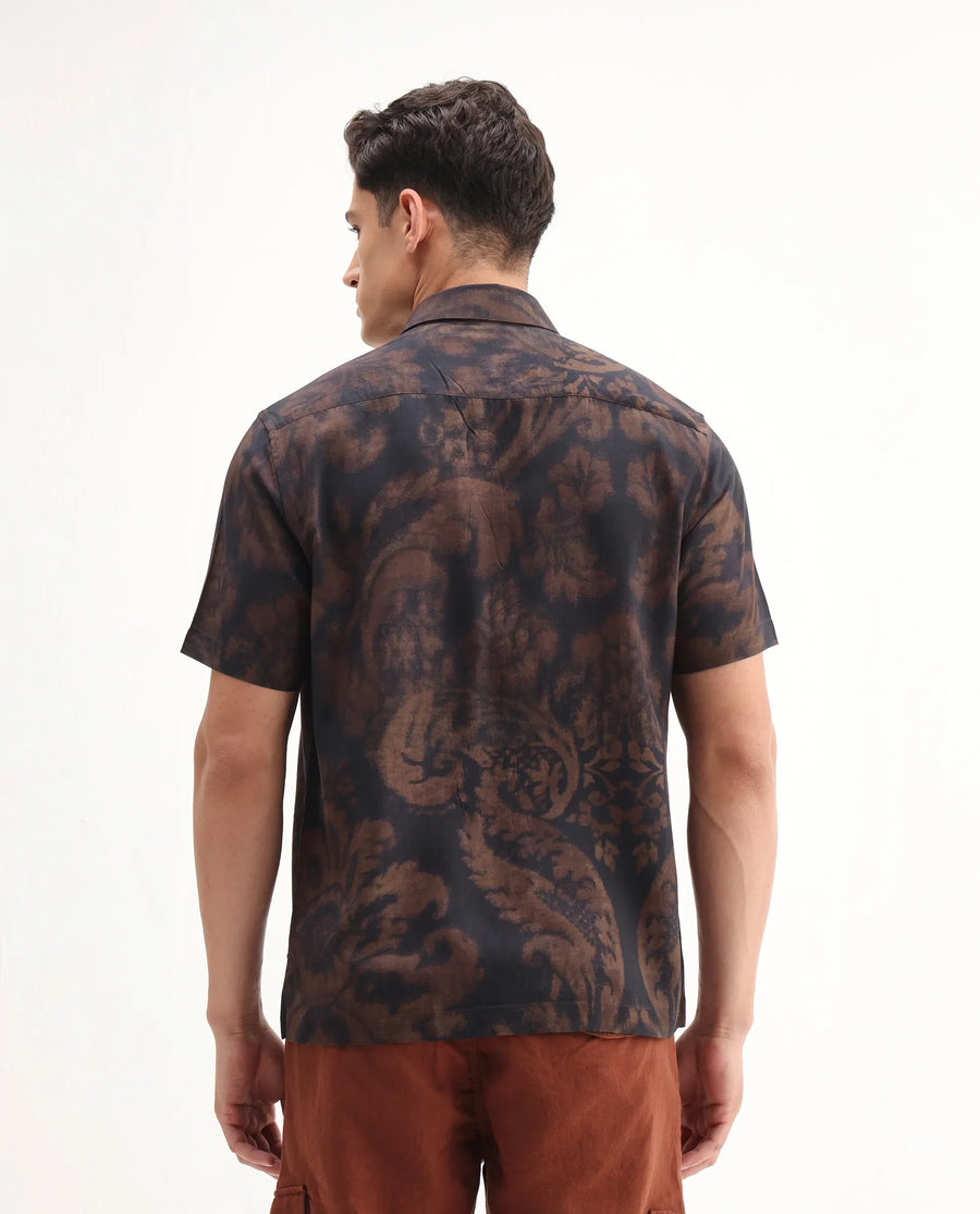 Rare Rabbit Men's Horos Black Linen Blend Floral Print Regular Fit Half Sleeve Collared Shirt