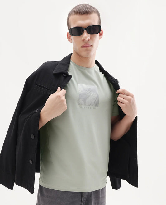 Rare Rabbit Men's Howe Dusky Green Cotton Blend Fabric Half Sleeve Crew Neck Graphic Print T-Shirt