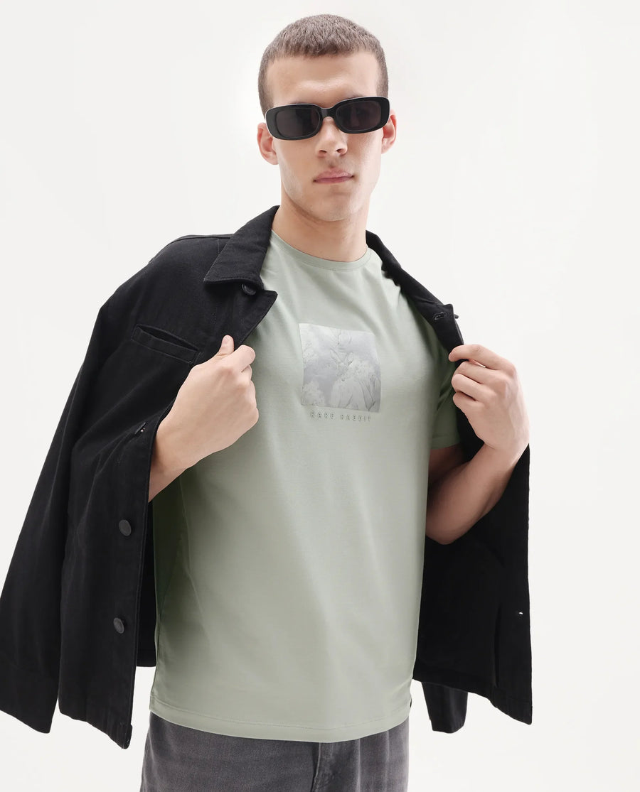Rare Rabbit Men's Howe Dusky Green Cotton Blend Fabric Half Sleeve Crew Neck Graphic Print T-Shirt