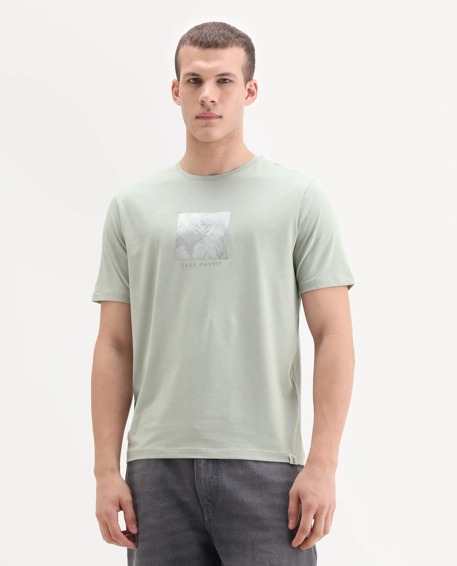 Rare Rabbit Men's Howe Dusky Green Cotton Blend Fabric Half Sleeve Crew Neck Graphic Print T-Shirt