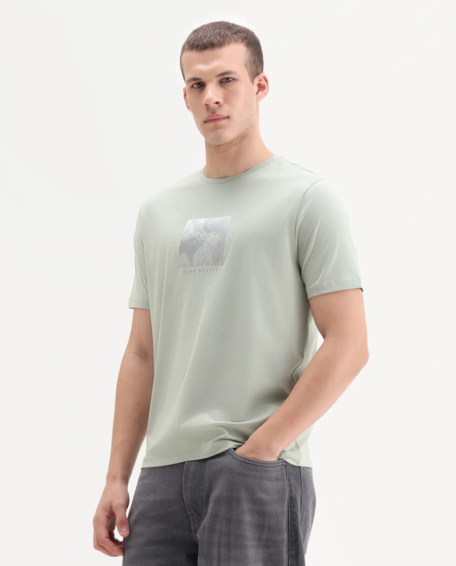 Rare Rabbit Men's Howe Dusky Green Cotton Blend Fabric Half Sleeve Crew Neck Graphic Print T-Shirt