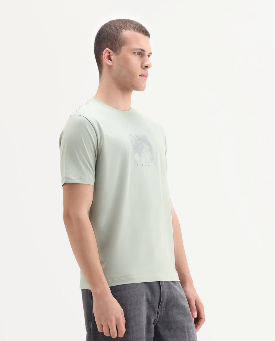 Rare Rabbit Men's Howe Dusky Green Cotton Blend Fabric Half Sleeve Crew Neck Graphic Print T-Shirt