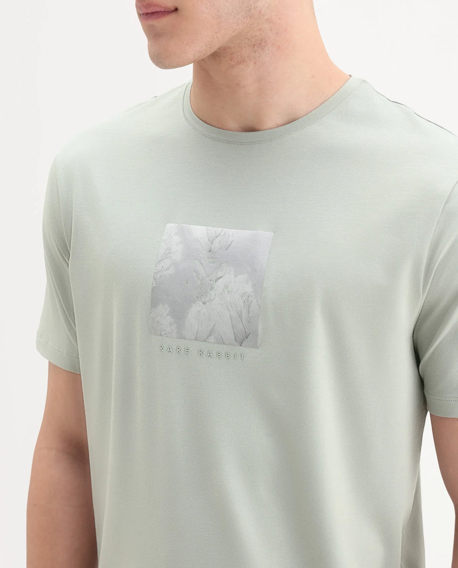 Rare Rabbit Men's Howe Dusky Green Cotton Blend Fabric Half Sleeve Crew Neck Graphic Print T-Shirt