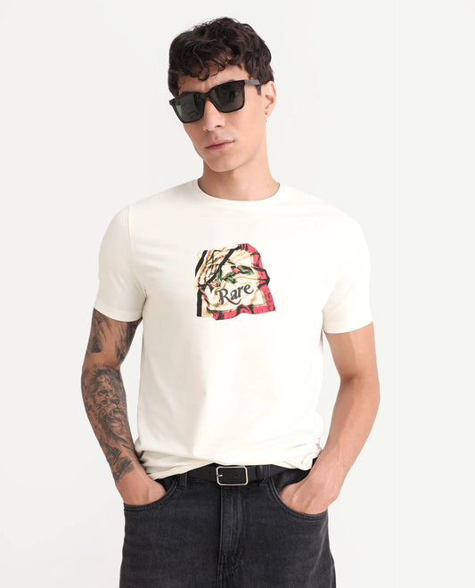 Rare Rabbit Men's Hoz Off White Cotton Blend Fabric Crew Neck Regular Fit Graphic Print T-Shirt