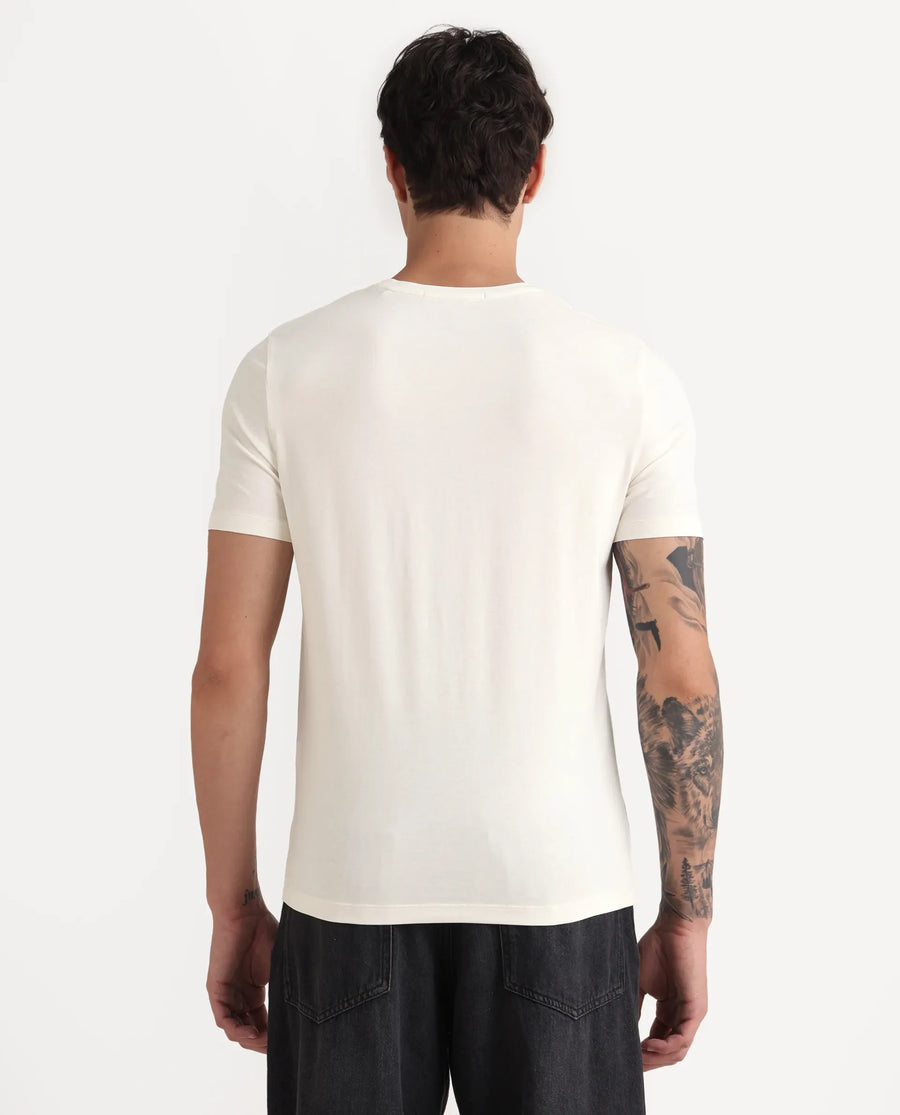 Rare Rabbit Men's Hoz Off White Cotton Blend Fabric Crew Neck Regular Fit Graphic Print T-Shirt