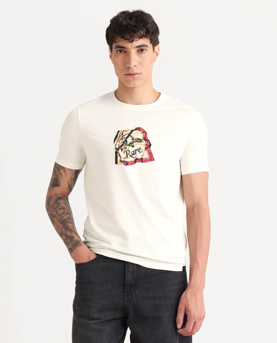 Rare Rabbit Men's Hoz Off White Cotton Blend Fabric Crew Neck Regular Fit Graphic Print T-Shirt