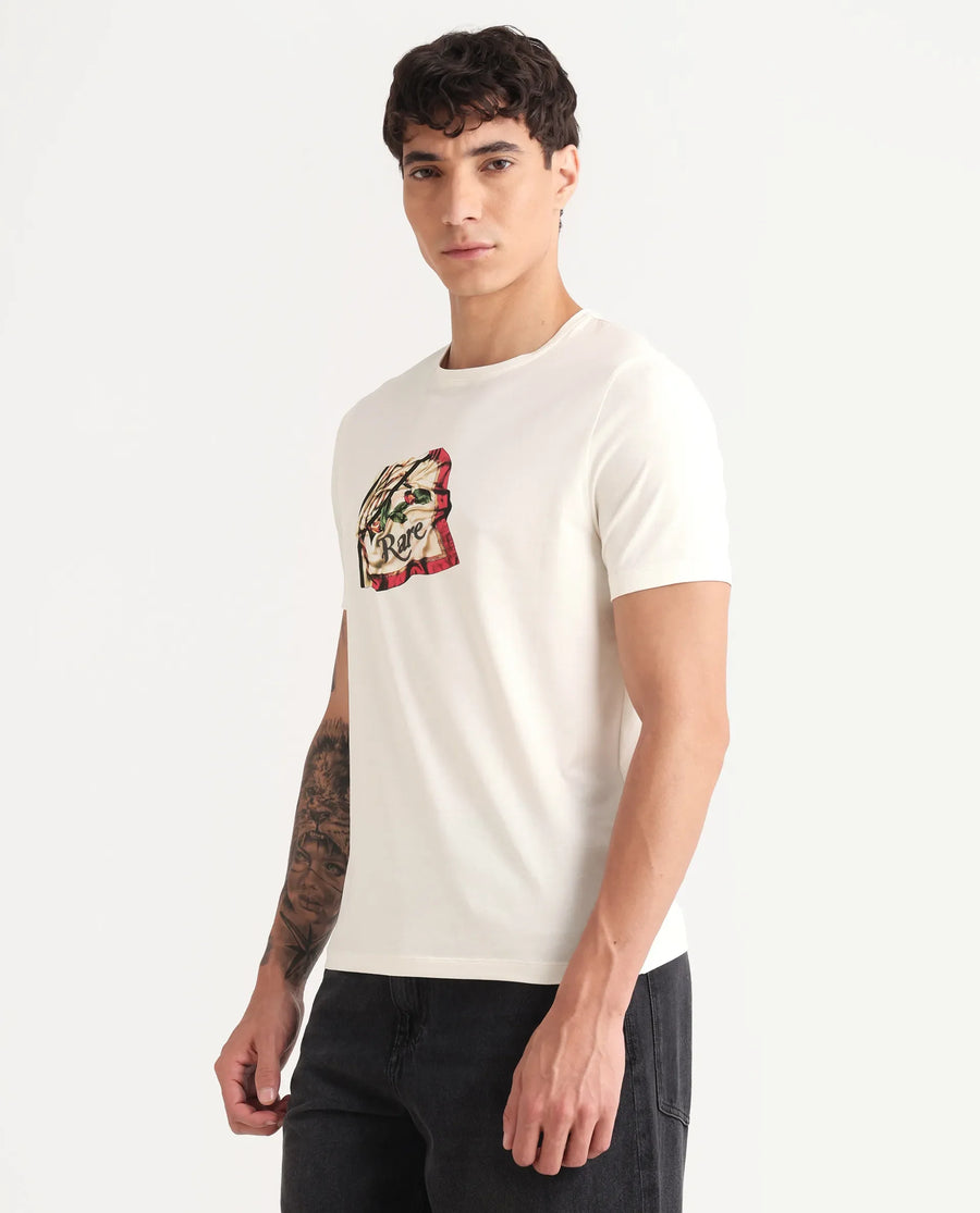 Rare Rabbit Men's Hoz Off White Cotton Blend Fabric Crew Neck Regular Fit Graphic Print T-Shirt
