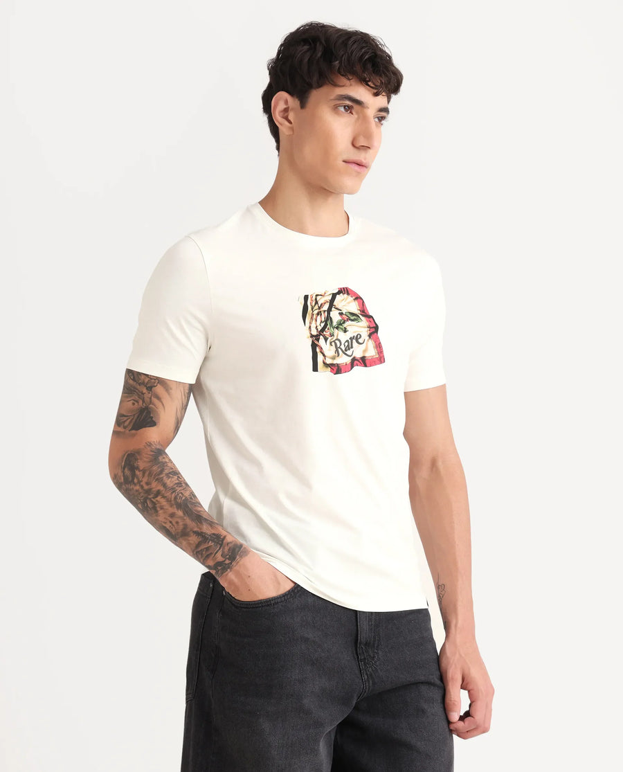 Rare Rabbit Men's Hoz Off White Cotton Blend Fabric Crew Neck Regular Fit Graphic Print T-Shirt
