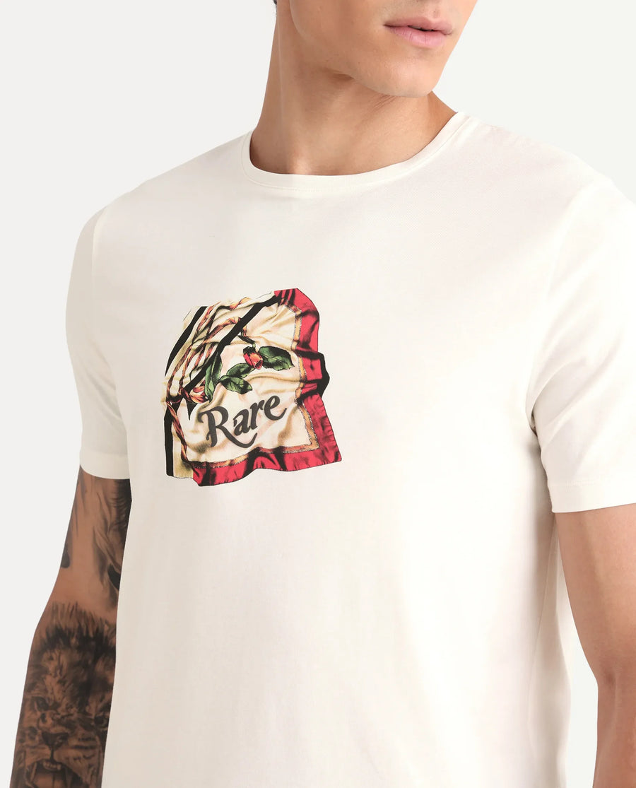 Rare Rabbit Men's Hoz Off White Cotton Blend Fabric Crew Neck Regular Fit Graphic Print T-Shirt