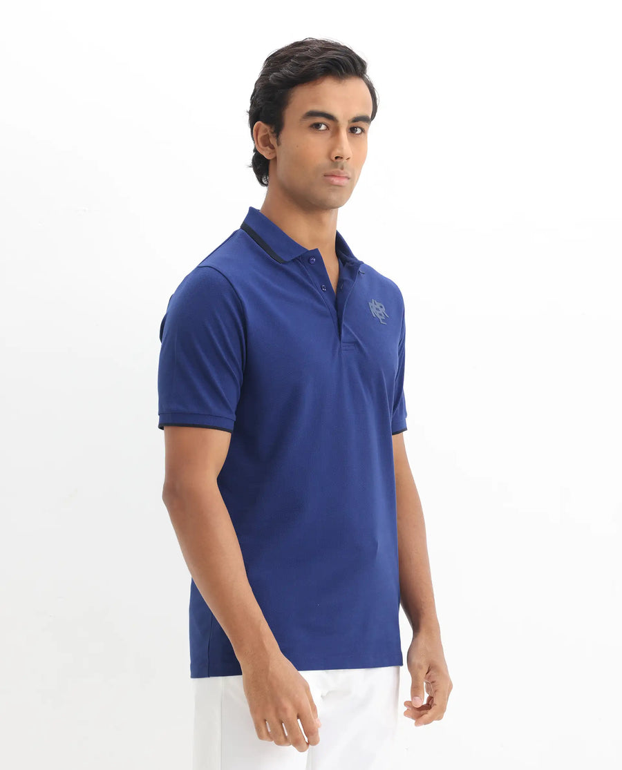Rare Rabbit Men's Hux Blue Cotton Plain Regular Fit Half Sleeve Polo