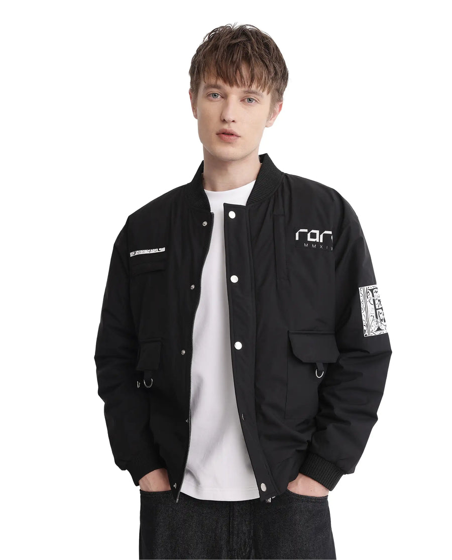 Rare Rabbit Men's Huxley Black Polyester Label Print Regular Fit Full Sleeve Ribbed Collar Jacket