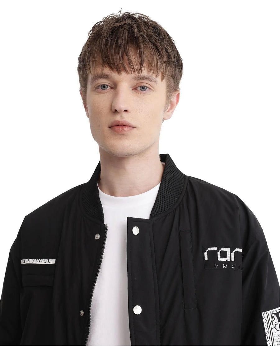 Rare Rabbit Men's Huxley Black Polyester Label Print Regular Fit Full Sleeve Ribbed Collar Jacket