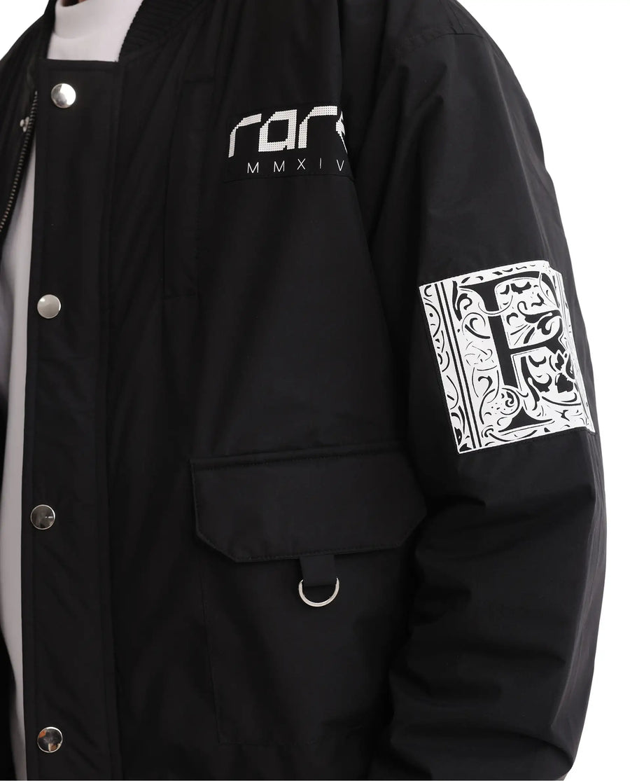 Rare Rabbit Men's Huxley Black Polyester Label Print Regular Fit Full Sleeve Ribbed Collar Jacket