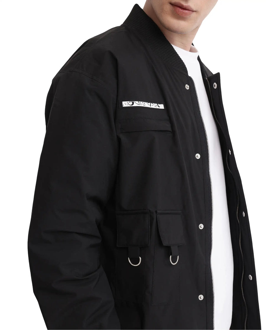 Rare Rabbit Men's Huxley Black Polyester Label Print Regular Fit Full Sleeve Ribbed Collar Jacket