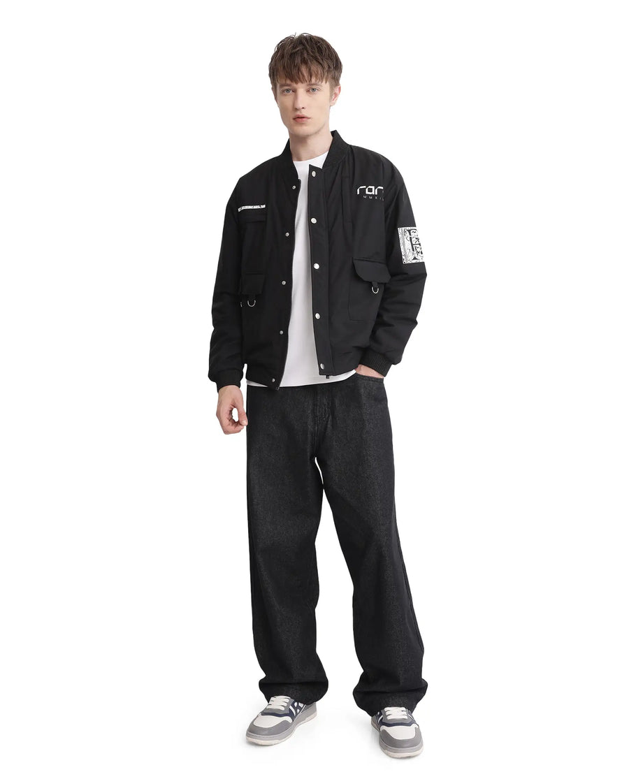 Rare Rabbit Men's Huxley Black Polyester Label Print Regular Fit Full Sleeve Ribbed Collar Jacket