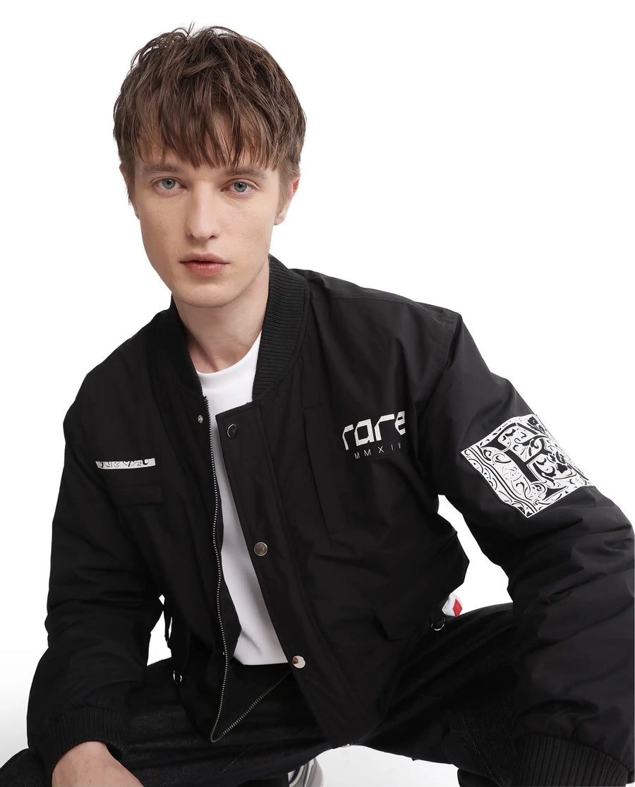 Rare Rabbit Men's Huxley Black Polyester Label Print Regular Fit Full Sleeve Ribbed Collar Jacket