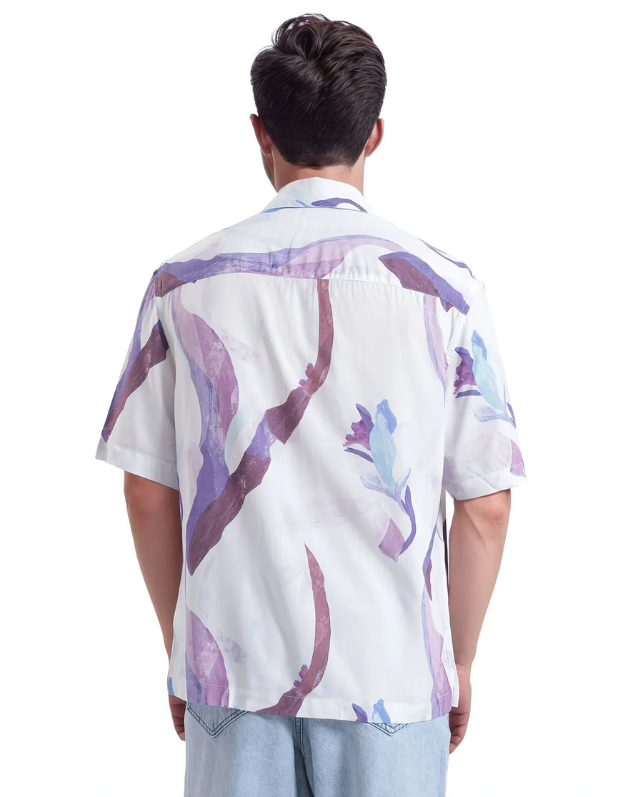 Rare Rabbit Men's Hydra White Viscose Floral Print Boxy Fit Half Sleeve Collared Shirt